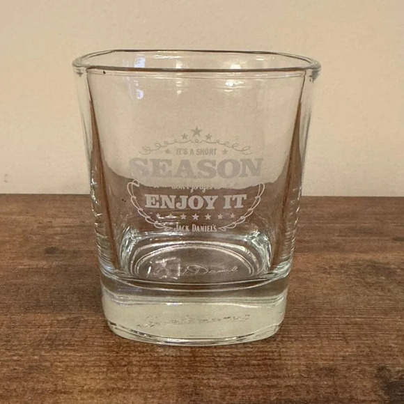 Jack Daniel's Whiskey Glass Square Etched Logo Barware Its a Short Season - Picture 1 of 6